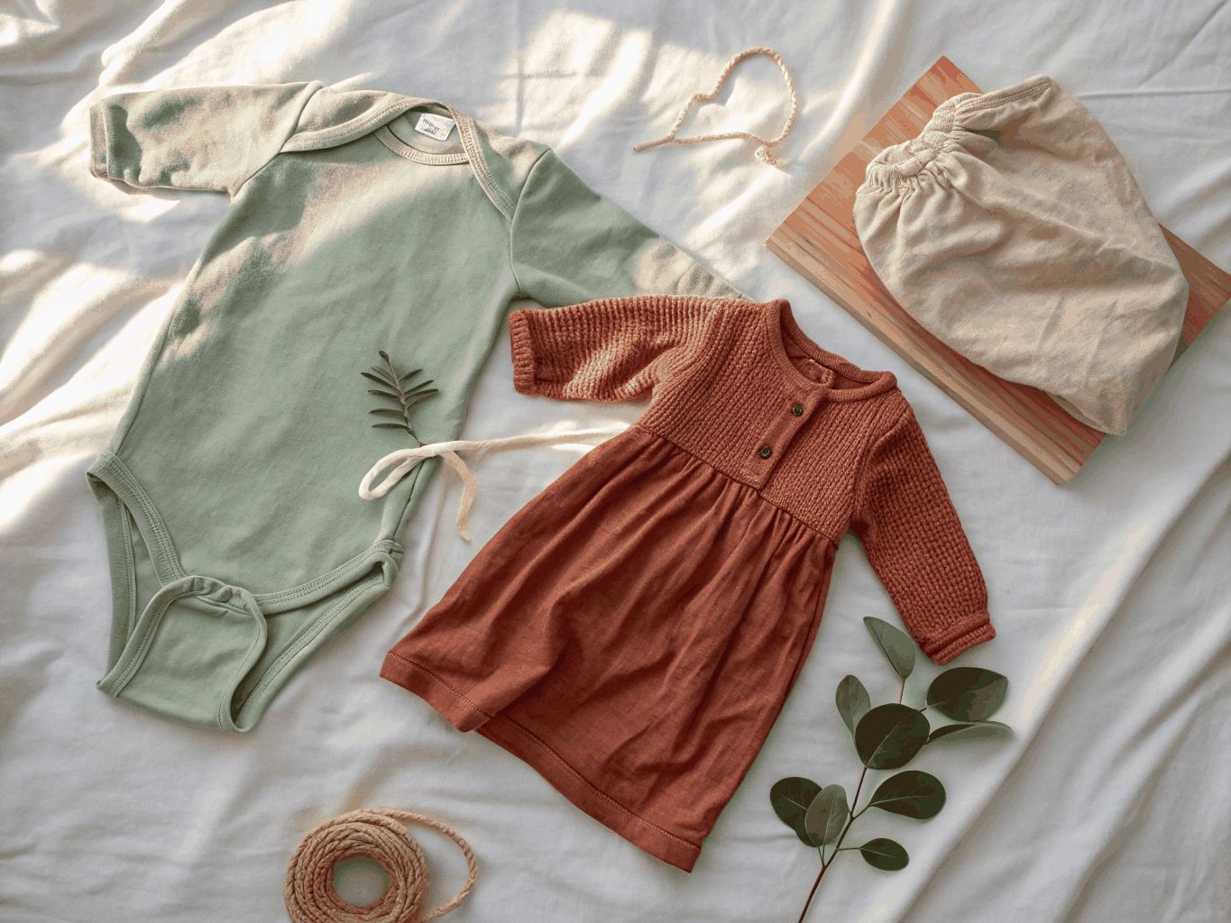 Neutral baby clothes hanging on a rack