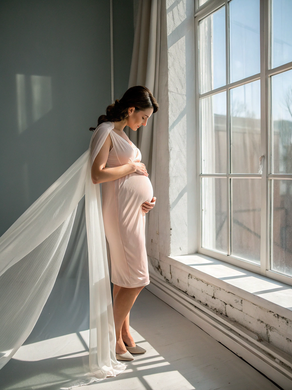 Expectant mother in a soft sage dress