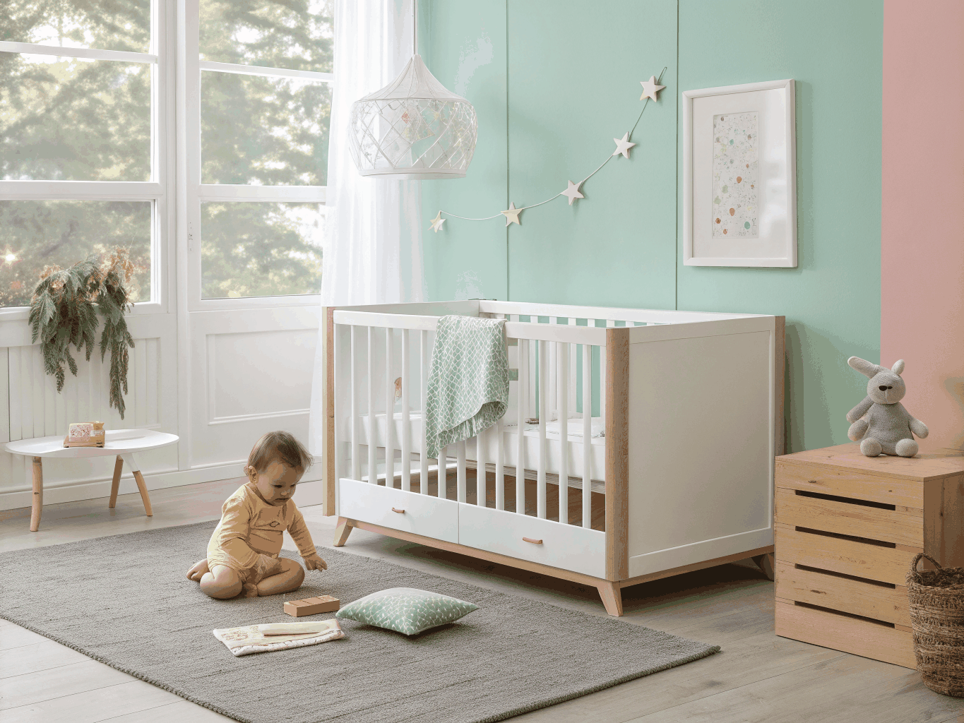 Wooden crib in a soft sage nursery